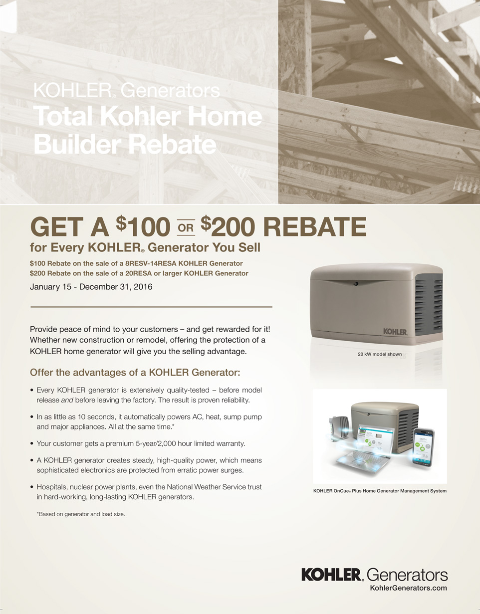 Get A 100 Or 200 Rebate For Every Kohler Generator You Sell