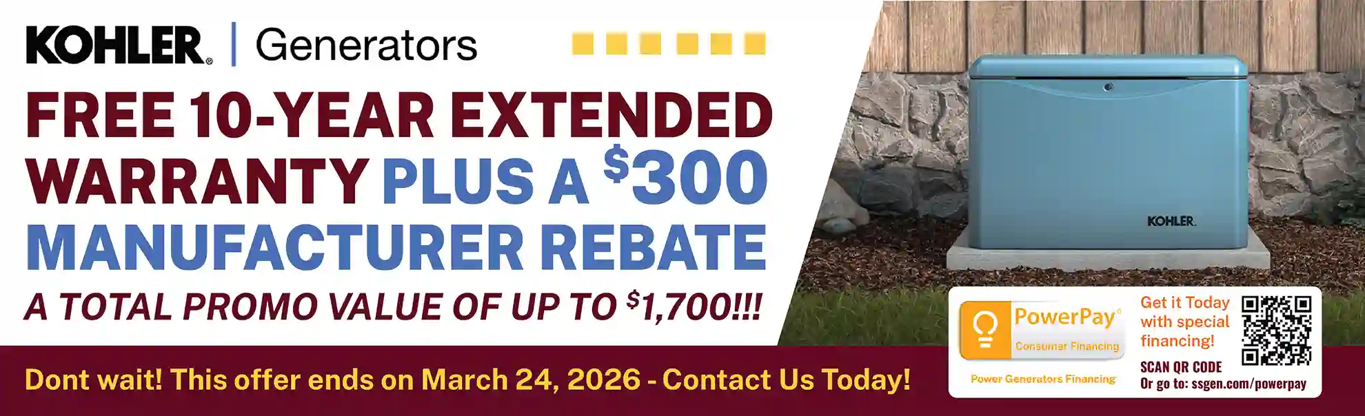 Kohler Generators Free 10-Year Extended Warranty Plus $300 Manufacturer Rebate
