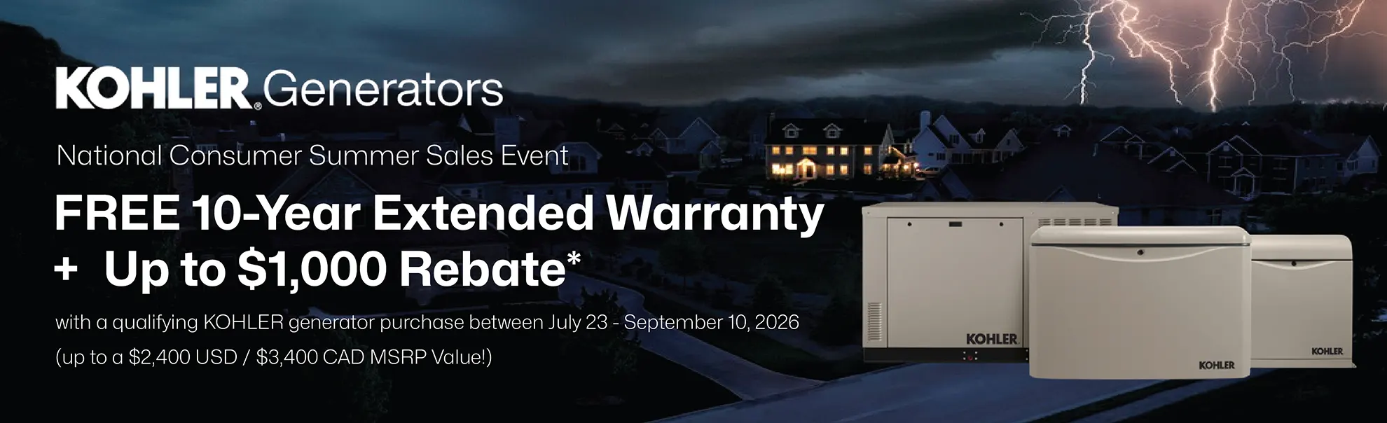 Kohler FREE 10-Year Extended Warranty + Up to $1,000 Rebate